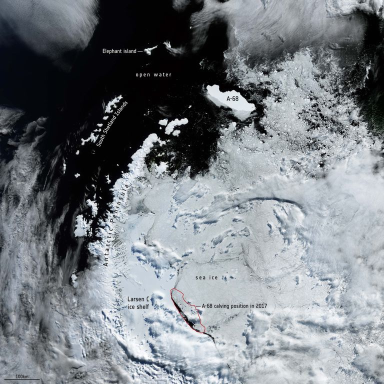 Maailma suurim jäämägi A-68 murdus 2017. aasta juulis Antarktika Larsen C liustikust ja liigub Atlandi ookeani lõunaosas kursiga Lõuna-Georgia saare suunas.