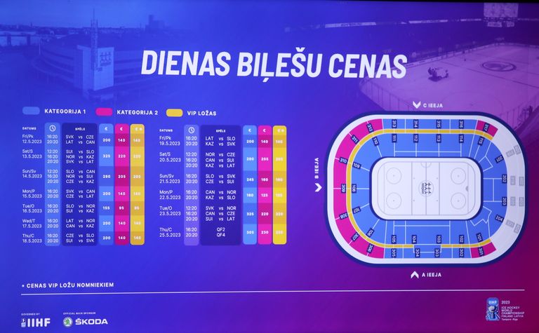 Biļešu cenas 2023.gada Pasaules čempionāta hokejā spēlēm Rīgā.