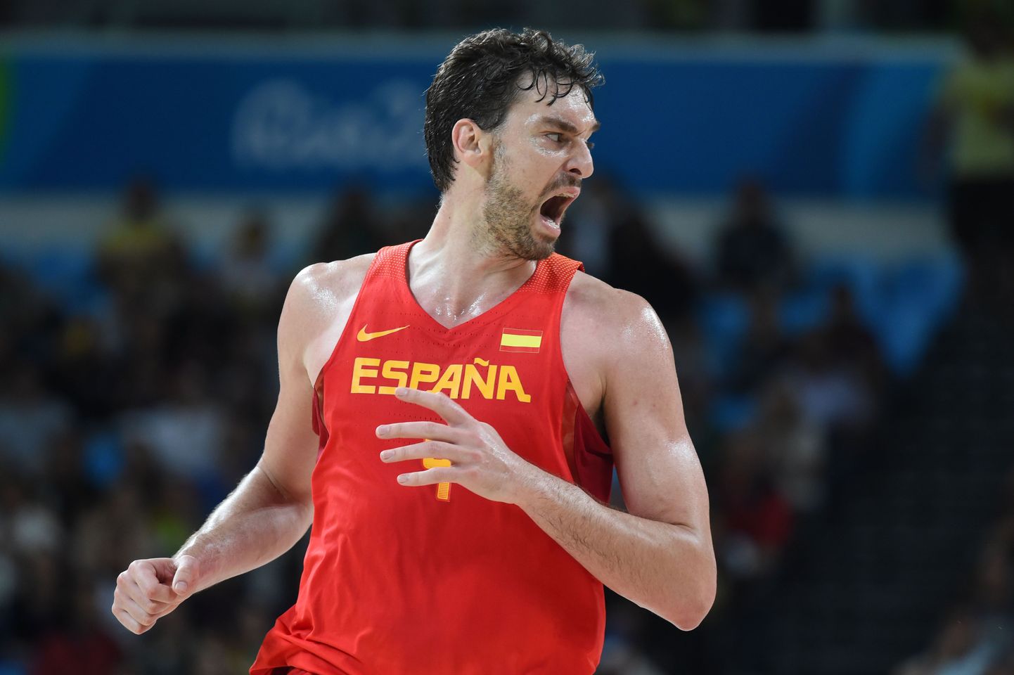 Spain's centre Pau Gasol reacts during a Men's Bronze medal basketball match between Australia and Spain at the Carioca Arena 1 in Rio de Janeiro on August 21, 2016 during the Rio 2016 Olympic Games. / AFP PHOTO / Mark RALSTON