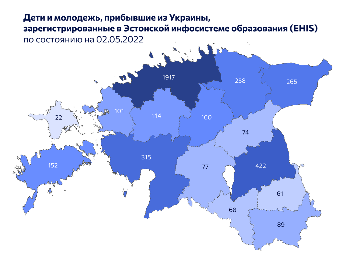 Количественное распределение по уездам детей и подростков из Украины, начавших учиться в Эстонии.