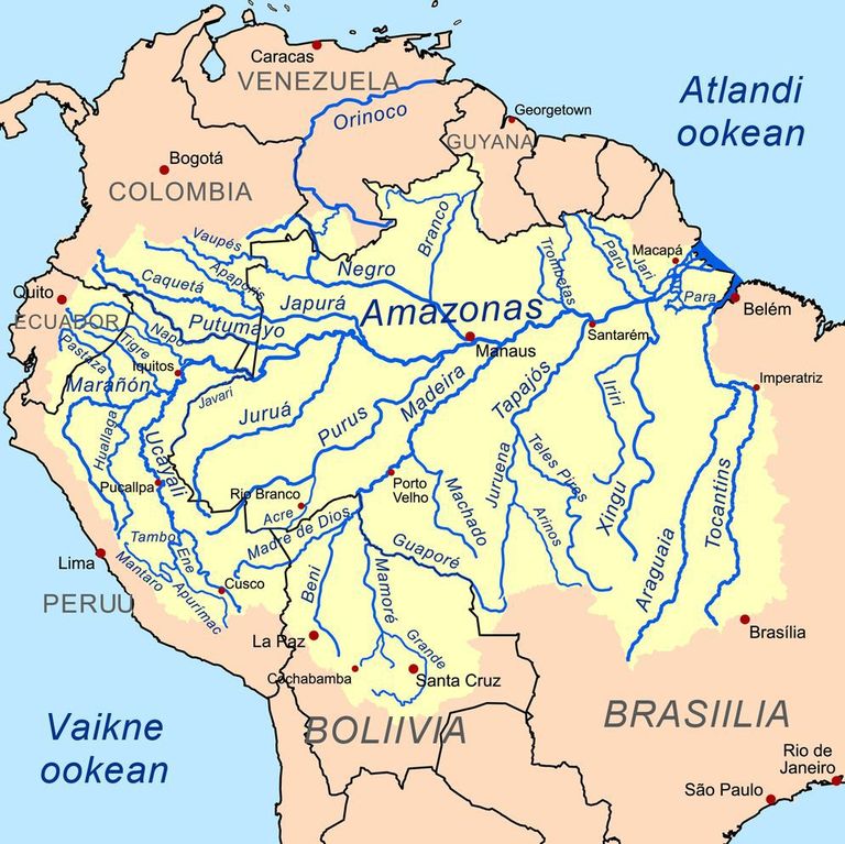 Amazonase ja lisajõgede kaart / wikipedia.org