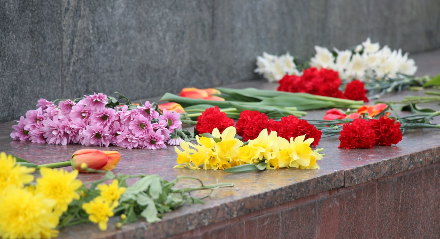 Ziedi pie pieminekļa "Padomju Latvijas un Rīgas atbrīvotājiem no nacistiskajiem iebrucējiem" biedrības "9.maijs.lv" rīkotā 2.Pasaules kara piemiņas pasākuma laikā Uzvaras parkā.