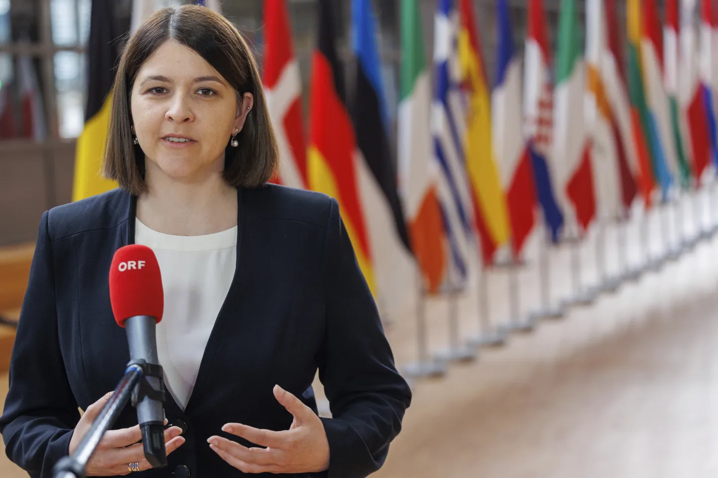 Leedu rahandusminister Gintarė Skaistė täna Brüsselis ajakirjanikega rääkimas.