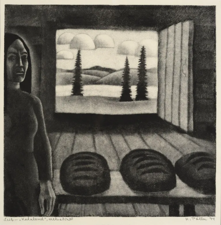 Kaljo Põllu. Leib. Sarjast „Kodalased“. 1974. Metsotinto, paber Eesti Kunstimuuseum