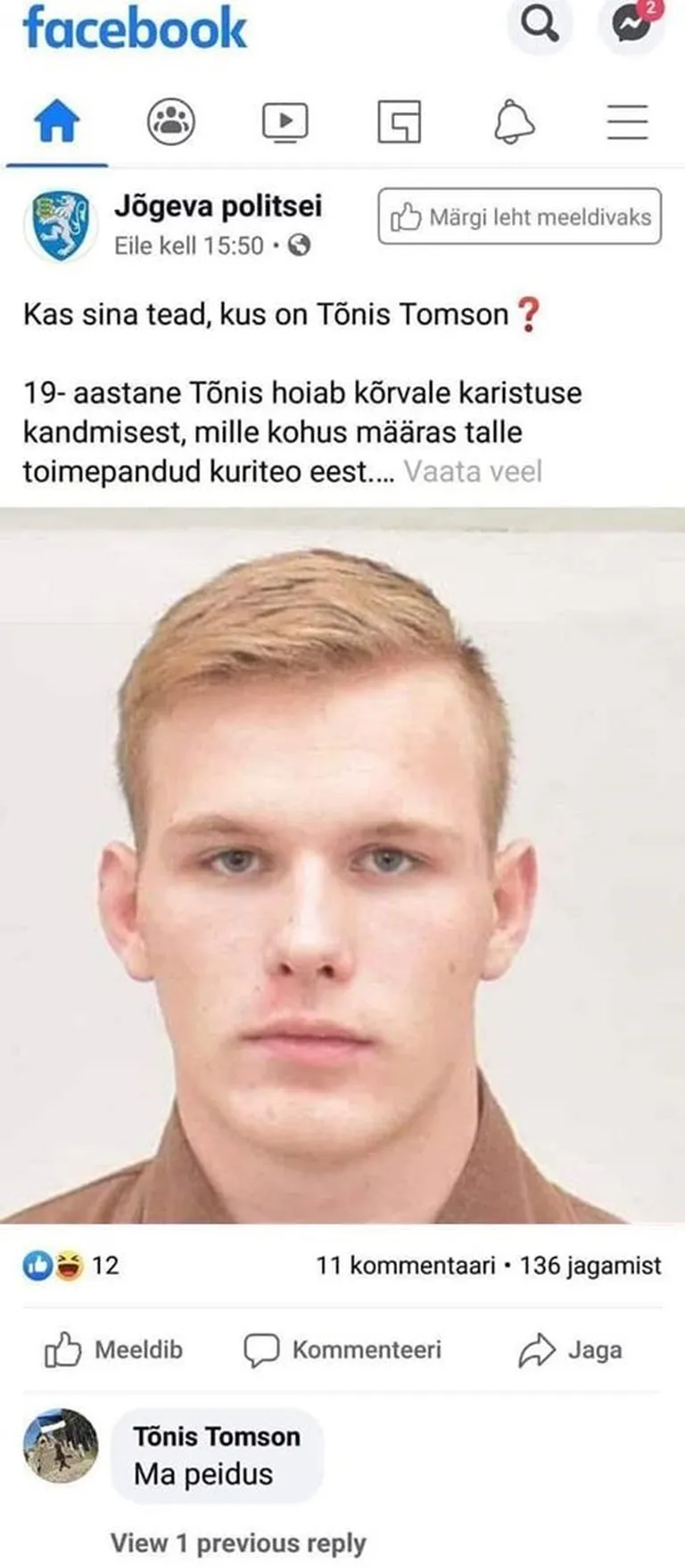 Tagaotsitav mees andis endast ise Facebookis märku?