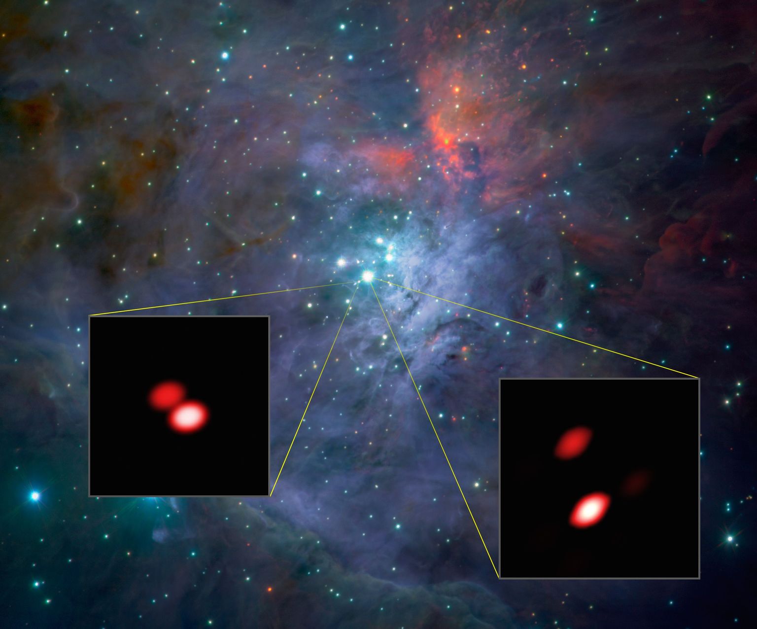 Tänavune pilt eredatest noortest tähtedest Orioni Trapetsi täheparves. Üks täht seal osutus sealjuures kaksiktäheks.