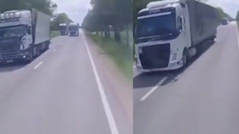ВИДЕО ⟩ В шаге от трагедии: под Бауской едва не столкнулись несколько грузовиков