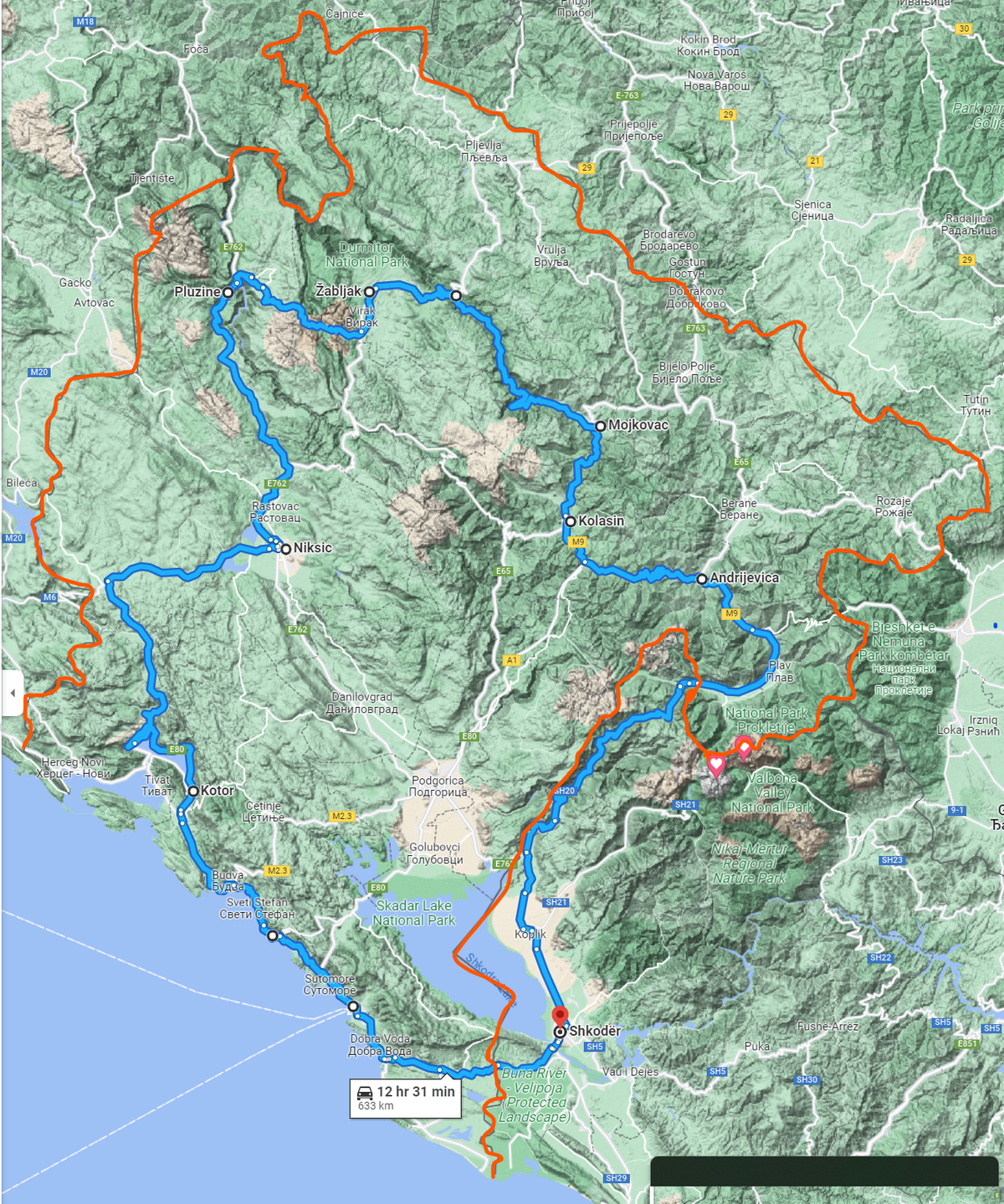 Läbitud kohad: Shkodër - Andrijevica - Kolašin - Tara kanjoni vaatepunkt - Žabljak - Durmitori rahvuspark - Prevoj Sedlo kuru - Plužine - Nikšić - Kotor - Shkodër. Oranžiga on pildil märgitud Montenegro riigipiir.