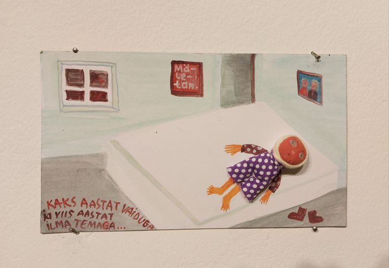 Zoja Lebedeva sarja «Uudised Marta tänavalt 1–9» (taaskasutatud papp ja tekstiil, guašš ja akvarell) üks pilte.