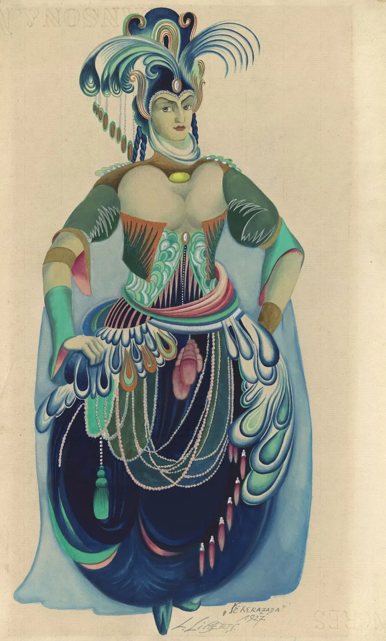 Ludolfs Liberts. Šeherezāde. Kostīma mets Annas Pavlovas trupas baletam "Radžas sapnis". Nerealizēts. 1927. Papīrs, kartons, akvarelis, tempera, sudrabs, zelts, bronza. Latvijas Nacionālā rakstniecības un mūzikas muzeja kolekcija.