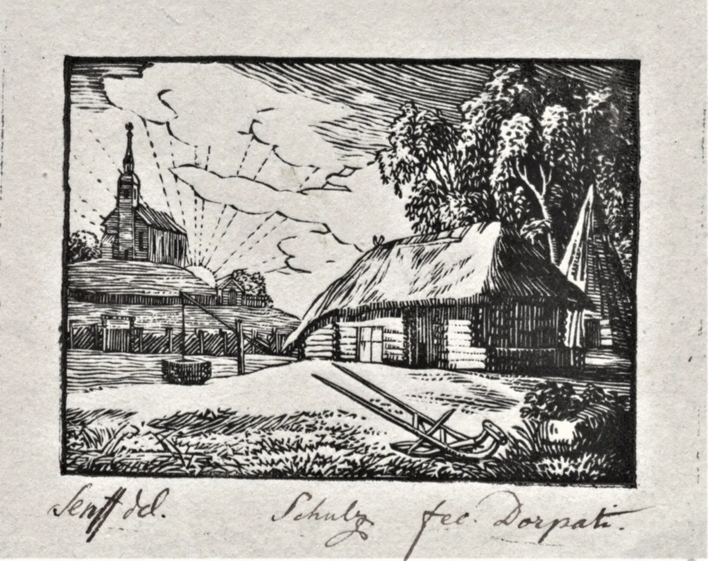 Tartu ülikooli raamatukogu kunstikogus on Karl August Senffi kavandi järgi arvatavasti Samuel Benjamin Schultzi valmistatud trükiklotsiga tehtud pilt aastast 1806. See on ühtlasi Tarto maa-rahwa Näddali-Lehe päisillustratsioon.