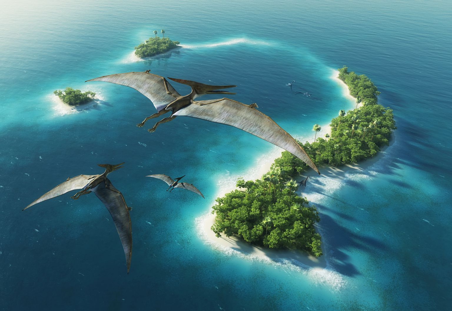 Eelajaloolised pterosaurused lendamas. Pilt on illustreeriv