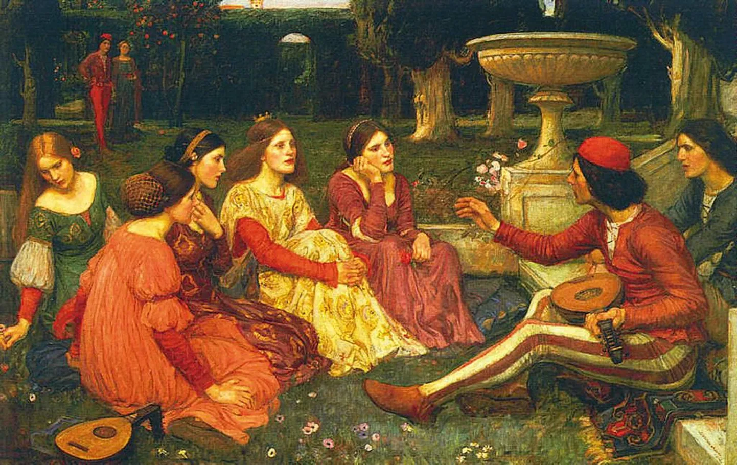 See John William Waterhousei 1916. aastal maalitud teos kujutab Boccaccio «Dekameroni» jutustajaid, katku eest pagenud viit neidu ja kahte noormeest.