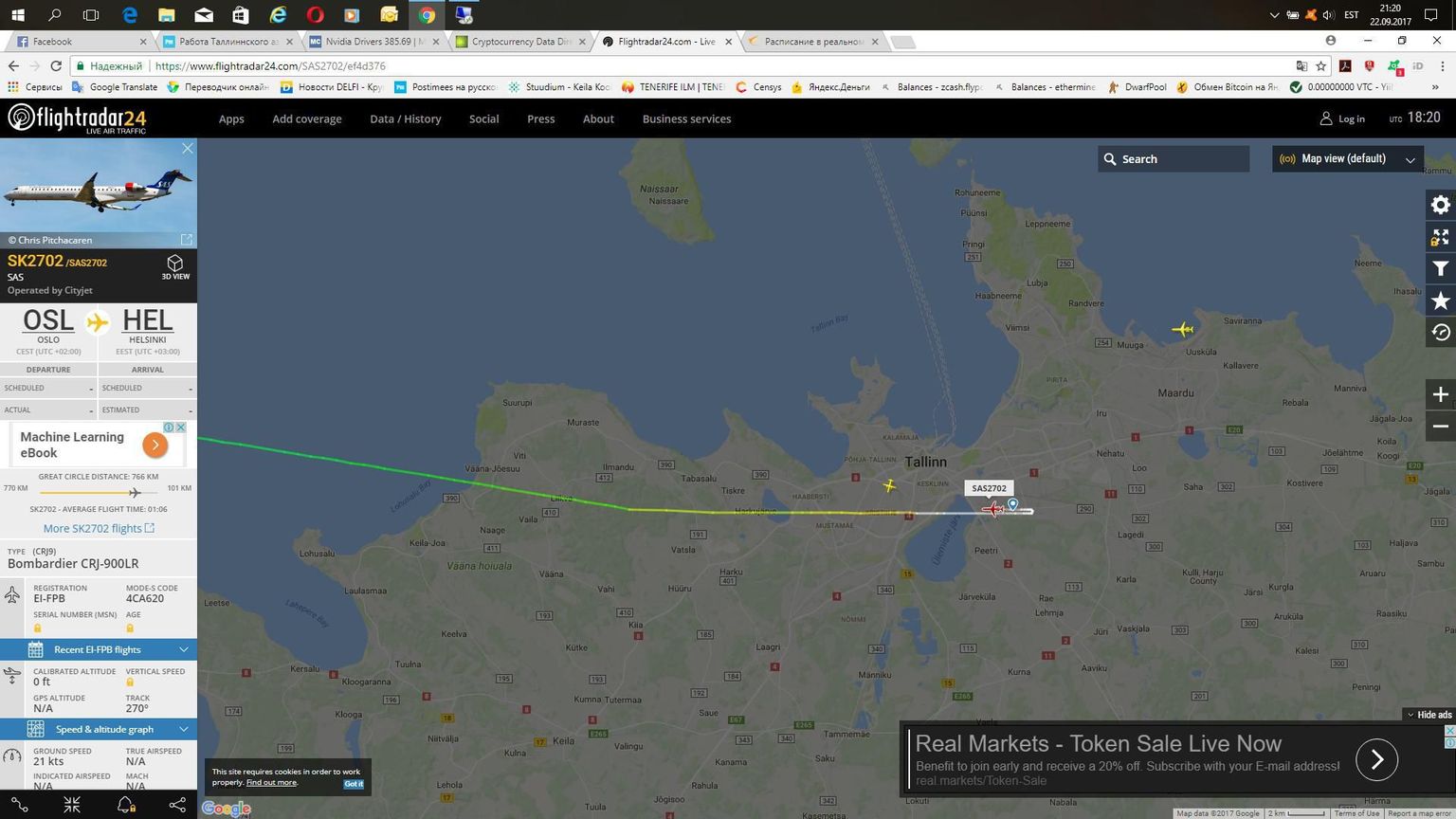 Flightradar näitas, et Oslo-Helsingi lend maandus hoopis Tallinnas.