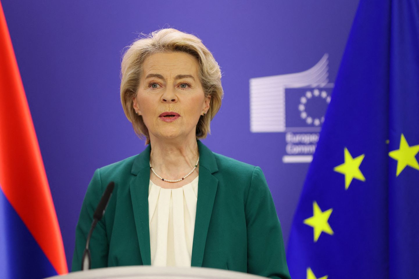 Euroopa Komisjoni president Ursula von der Leyen täna Brüsselis pressikonverentsil.