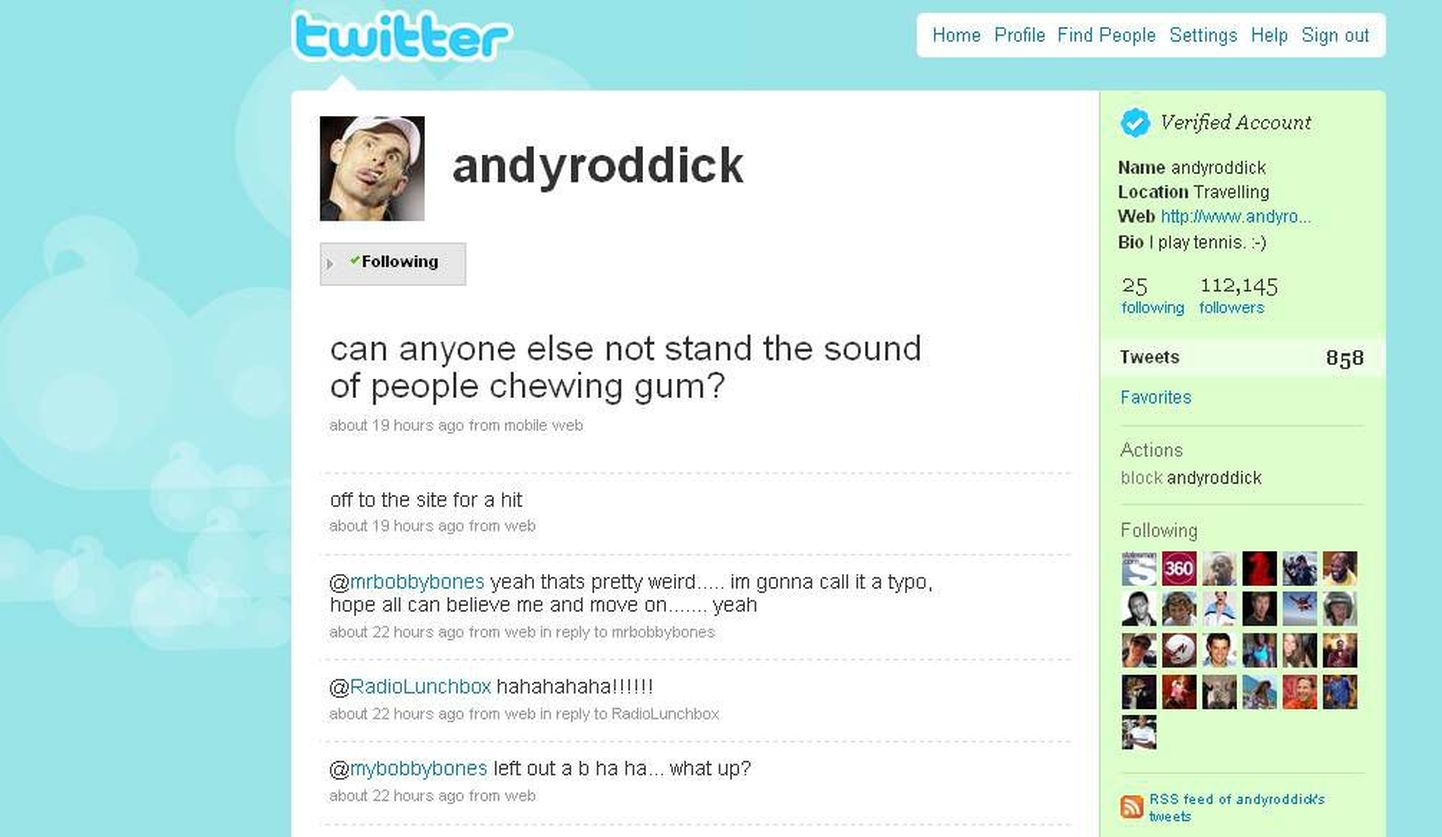 Andy Roddicku lehekülg suhtlusvõrgustikus Twitter.