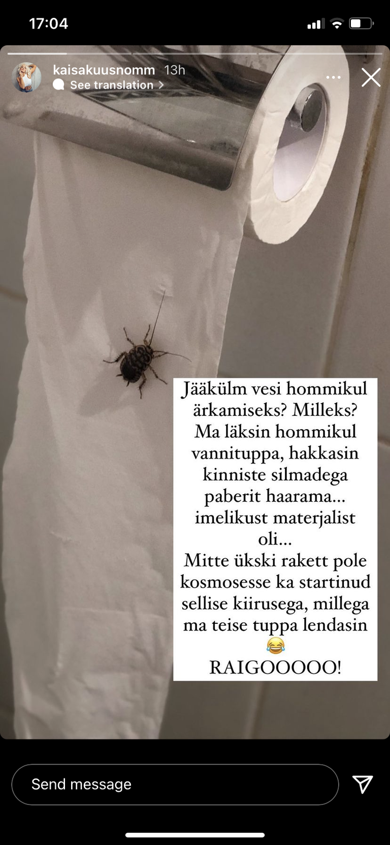 Fitnessisportlane Kaisa Kuusnõmm kohtas vannitoas putukat.
