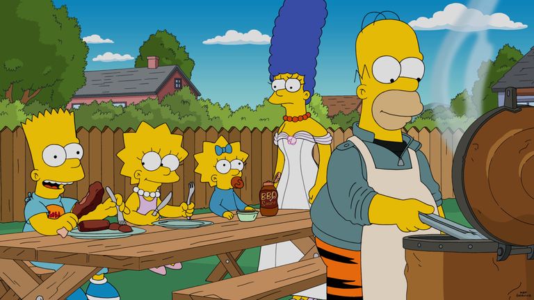 Simpsonite pere vasakult: Bart, Lisa, Maggie, Marge ja Homer