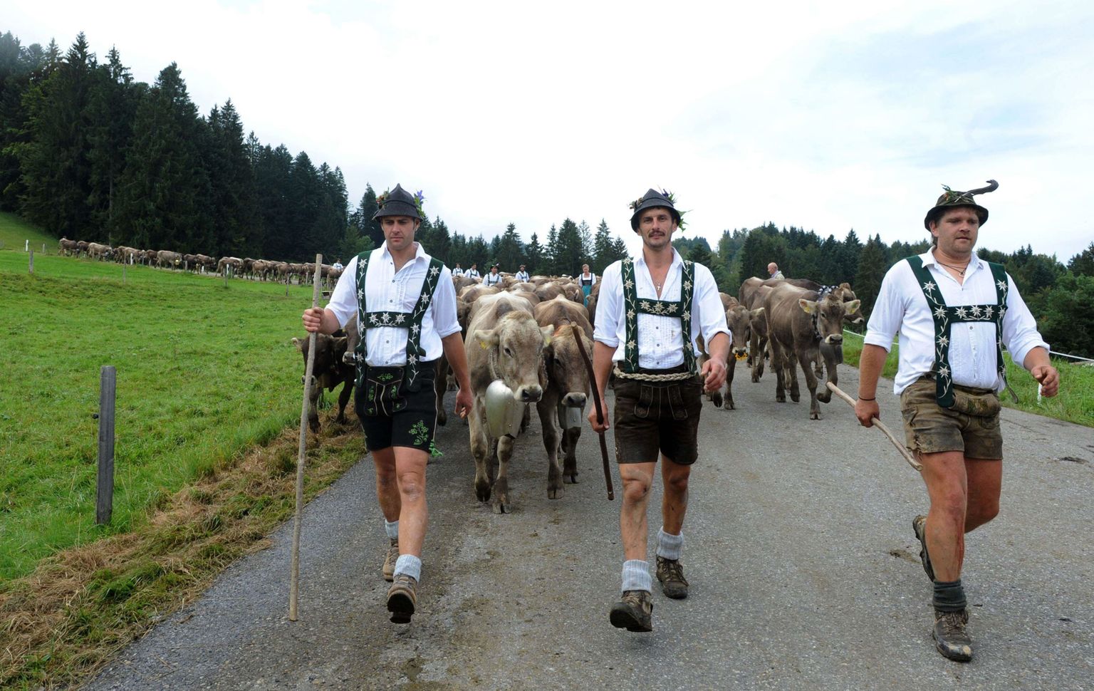 Baierimaa talunikud piirkonna traditsioonilises rõivas - nahkpükstes.