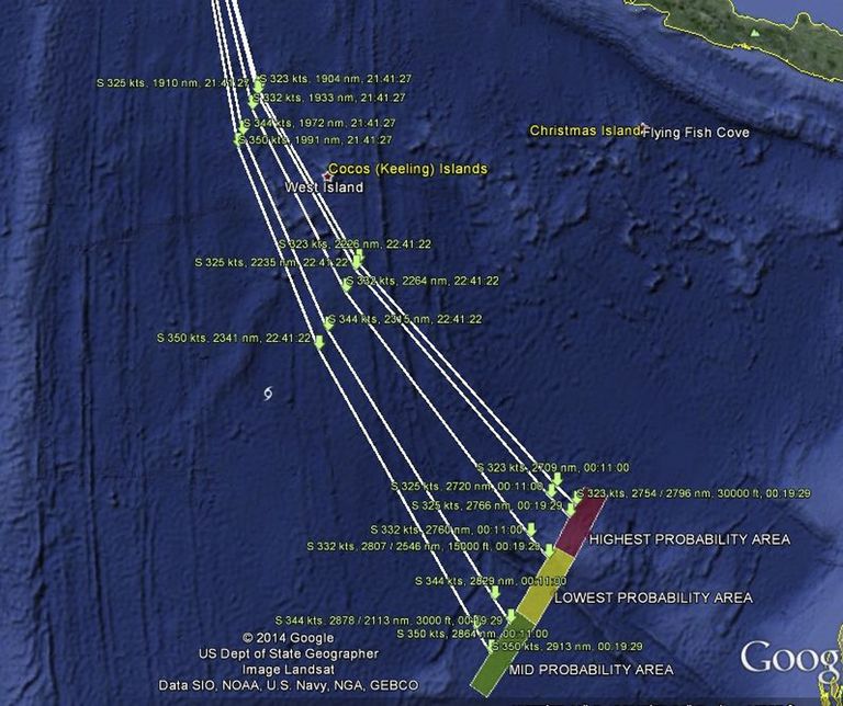 Kaart, mis näitab Malaysia Airlinesi kadunud lennuki otsinguala India ookeanis