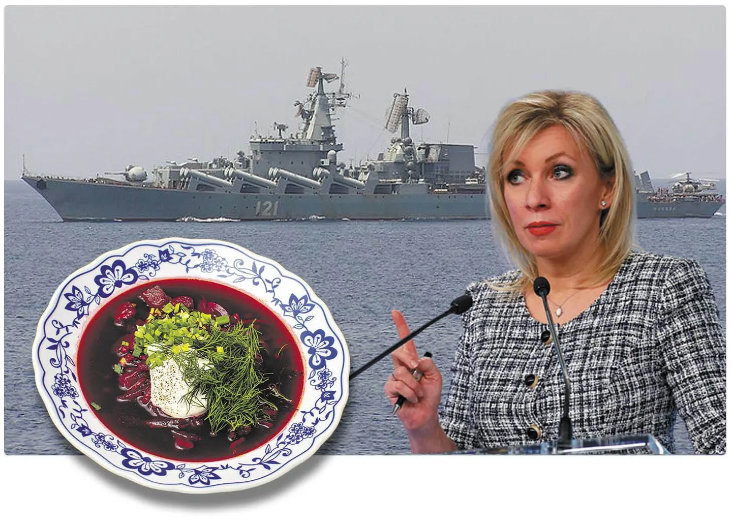 Maria Zahharova (paremal) – vapper Vene naine, kes võitleb fašistide ja narkomaanidega. Borš – põline vene supp, mille ukrainlased röövisid.