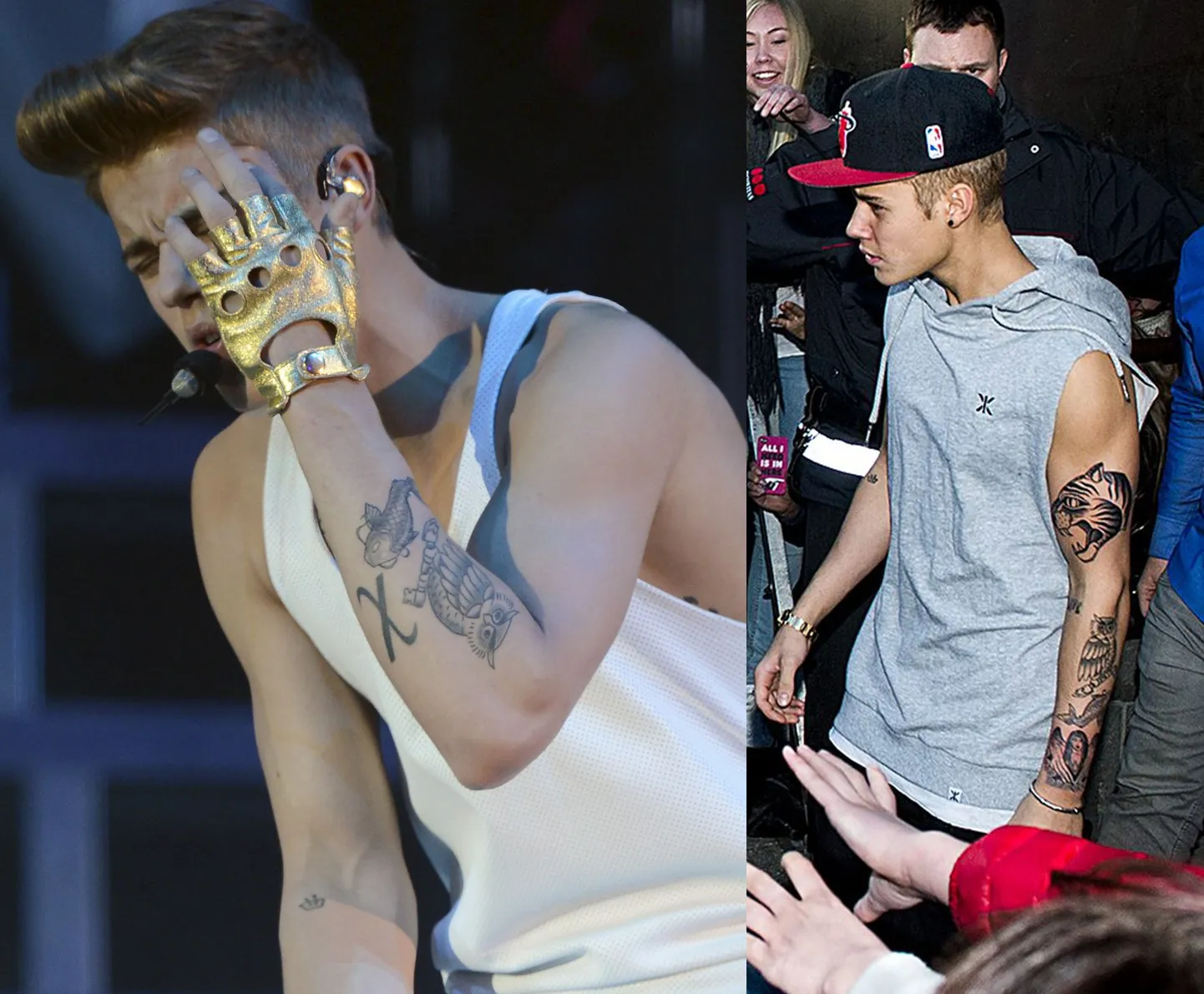 Justin Bieber Stockholmis esmaspäeval (vasakul) ja teisipäeval (paremal)