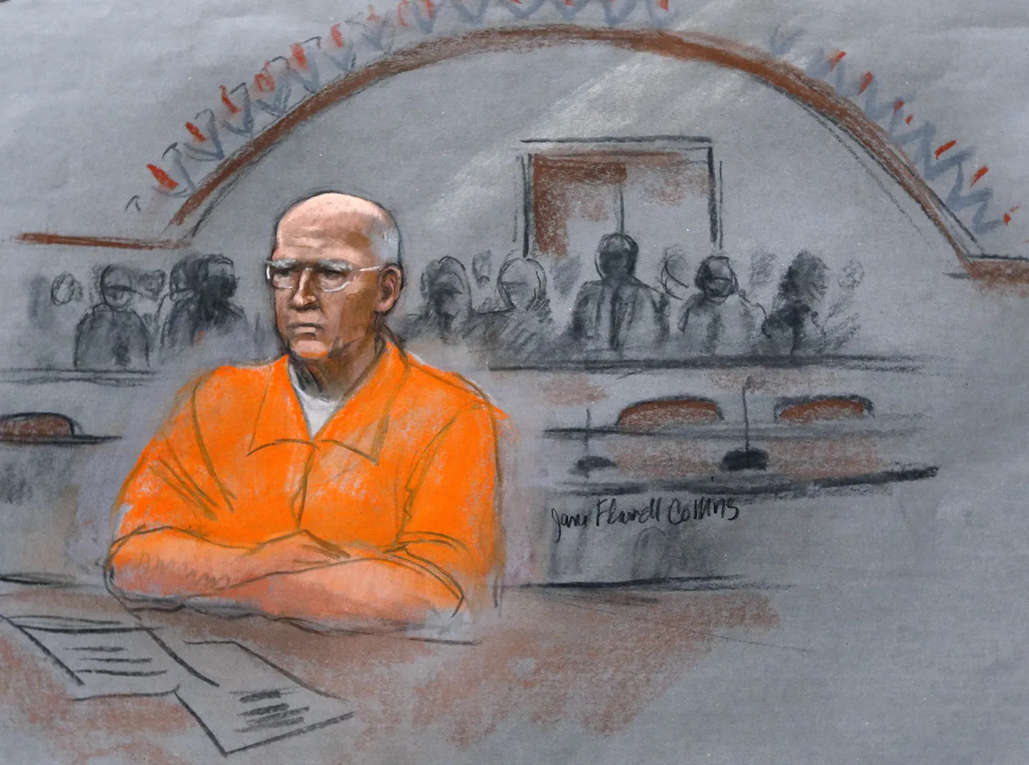 In this courtroom sketch, James "Whitey" Bulger sits at his sentencing hearing in federal court in Boston, Wednesday, Nov. 13, 2013. Bulger was convicted in August in a broad indictment that included racketeering charges in a string of murders in the 1970s and '80s, as well as extortion, money-laundering and weapons charges. (AP Photo/Jane Flavell Collins) / TT / kod 436