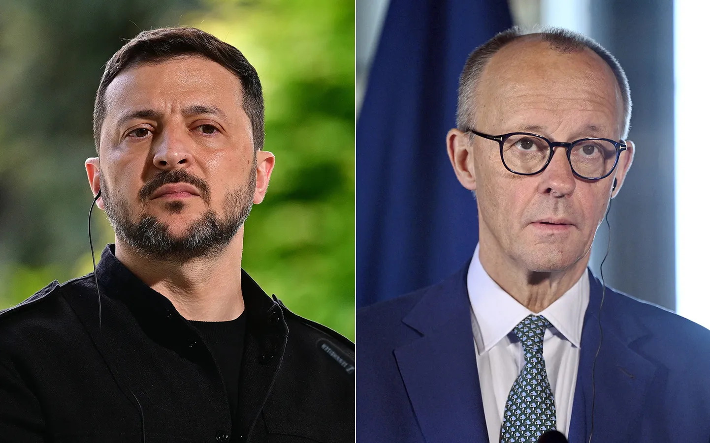 No kreisās: Ukrainas prezidents Volodimirs Zelenskis un Vācijas kanclers Frīdrihs Mercs