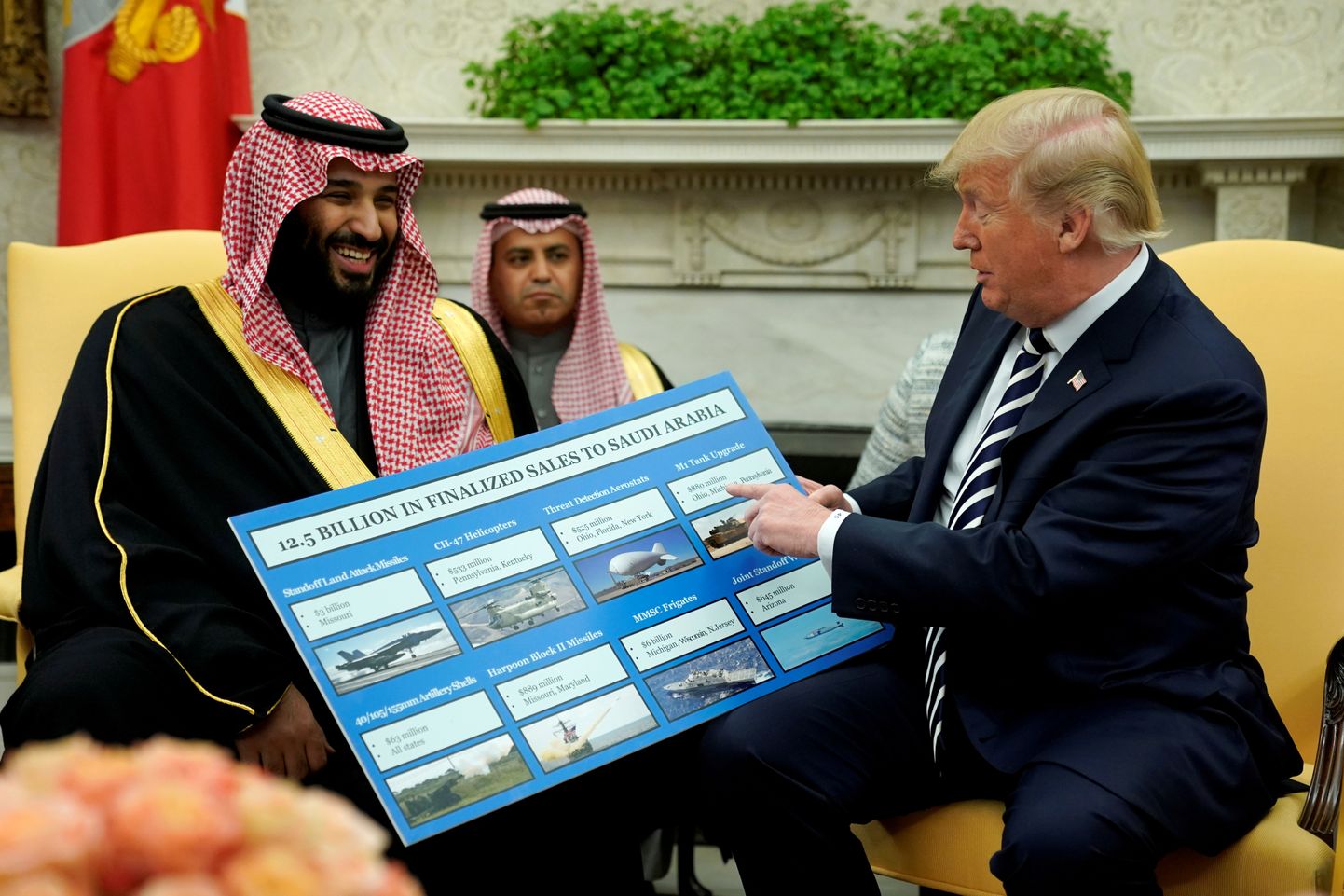 USA president Donald Trump näitab Saudi kroonprintsile Mohammed bin Salmanile graafikut USA sõjavarustuse müügi kohta.