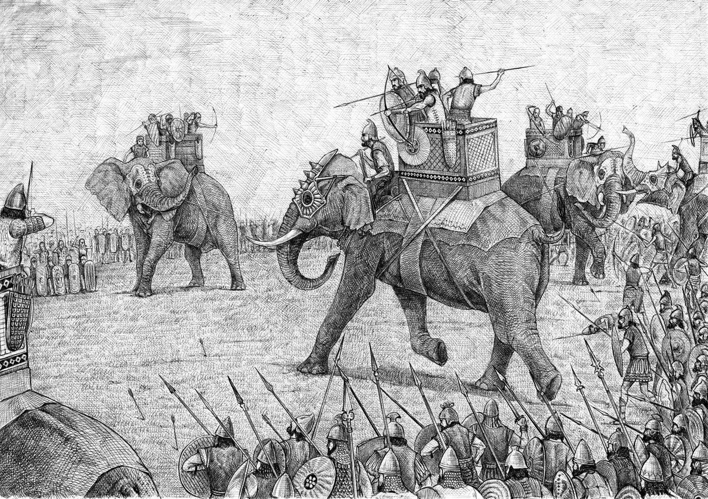Joonistus, kuidas Hannibal ja Kartaago vägi ülestas Alpe sõjaelevantidega