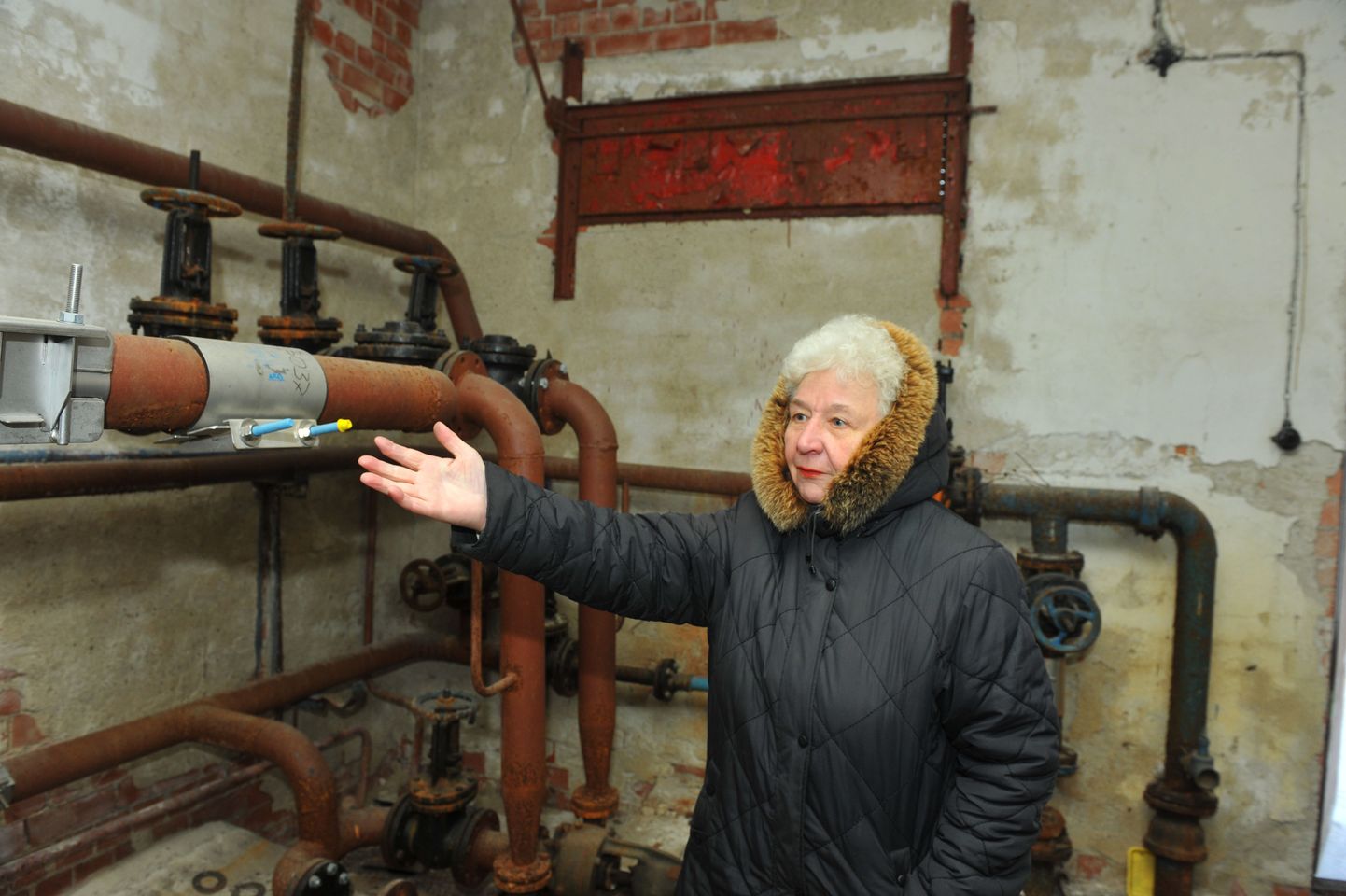 Lasnamäe 24 korteriühistu esimees Ljudmilla Linder näitab talvel regulaarselt lõhki külmuvaid torusid omanikuta pumbamajas.