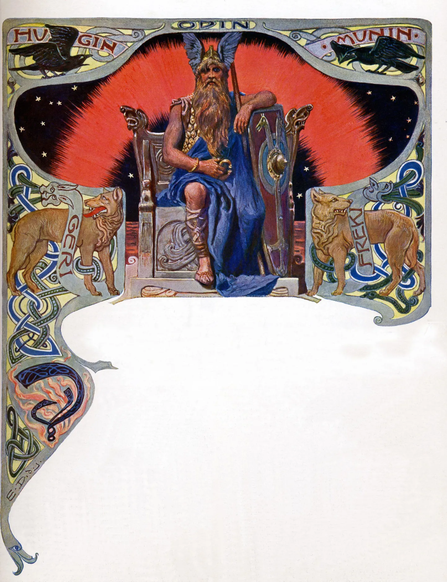 1905. aasta illustratsioon, mis kujutab Norra mütoloogias ühe peajumalana tuntud Odinit troonil istumas. Tema kõrval võib näha kahte ronka ja hunti, kes teda saatsid. Viikingiaegses Skandinaavias oli Odin sõja, surma, tarkuse, ennustamise, nõidumise ja poeesia jumal.