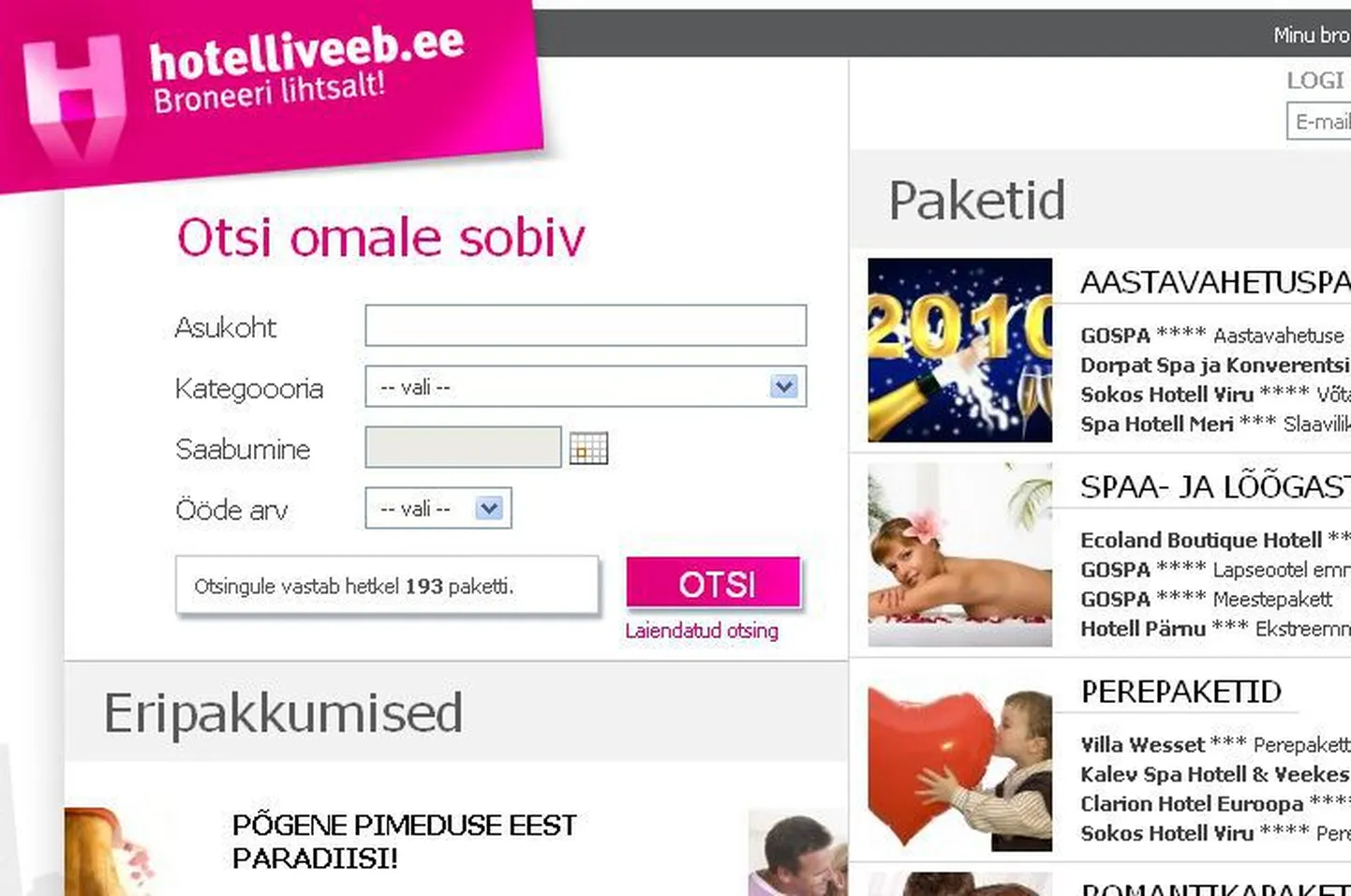 Fragment veebilehelt Hotelliveeb.ee.
