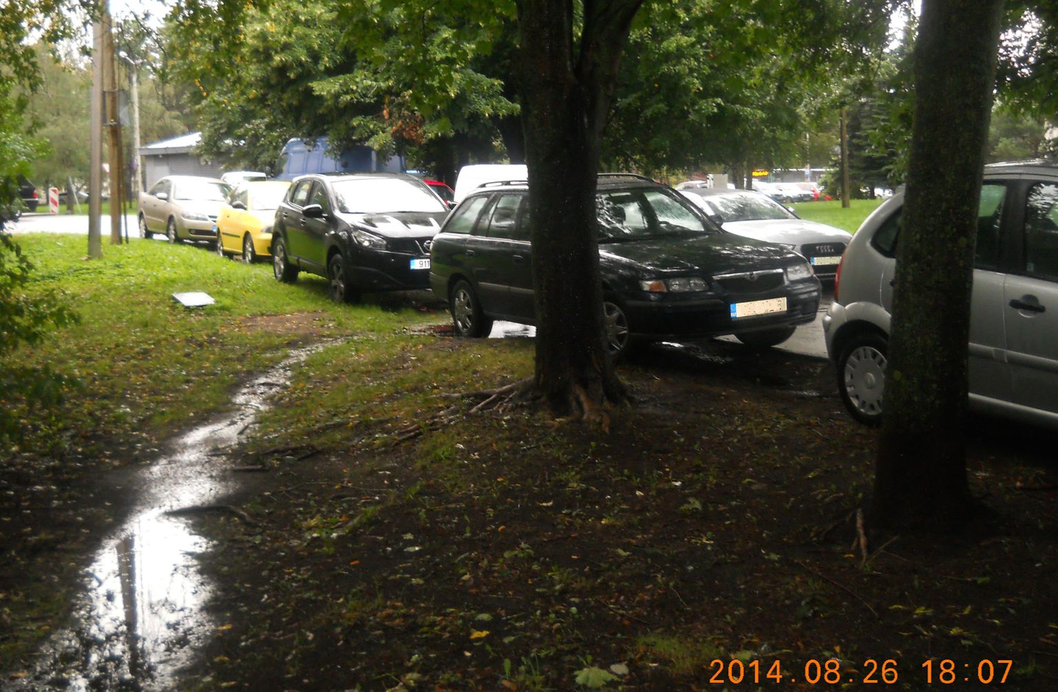Родители школьников паркуют машины на газоне.