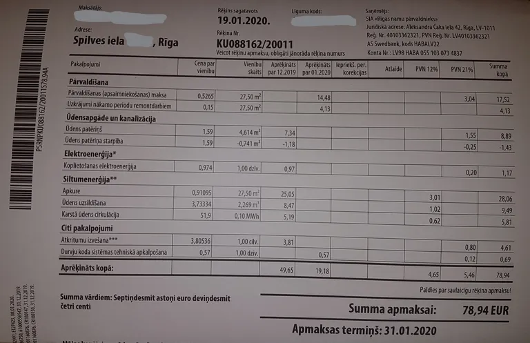 Iļģuciema iedzīvotāja rēķins, kas saņemts 2020. gada janvārī