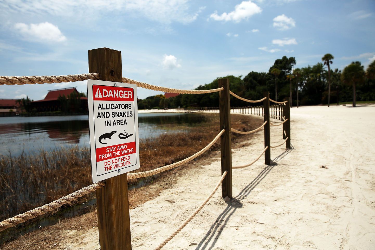 Disney paigaldas populaarses puhkepaigas järve äärde hoiatavad sildid.