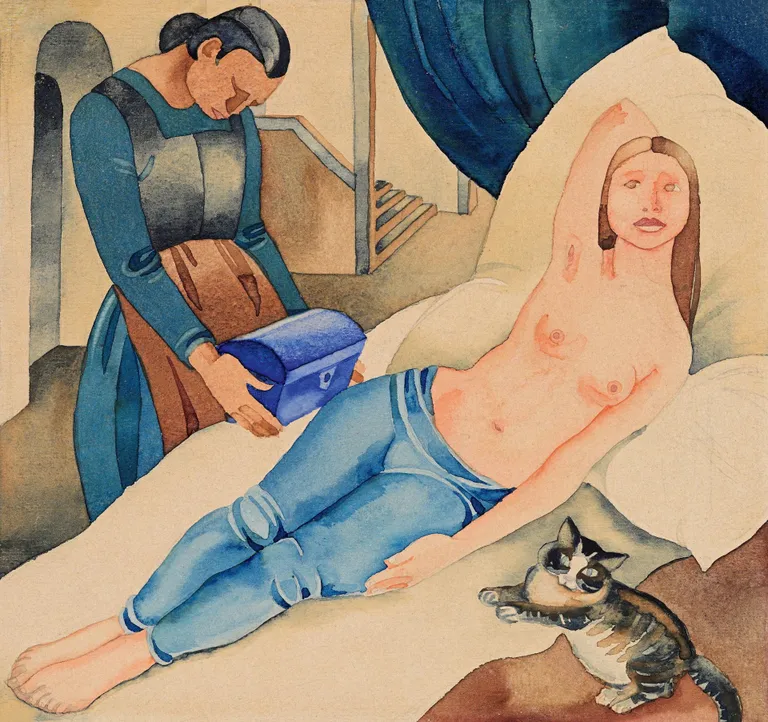 Natalie Mei, «Lamav poolakt naise ja kassiga». 1921–1924. Akvarell. Erakogu.