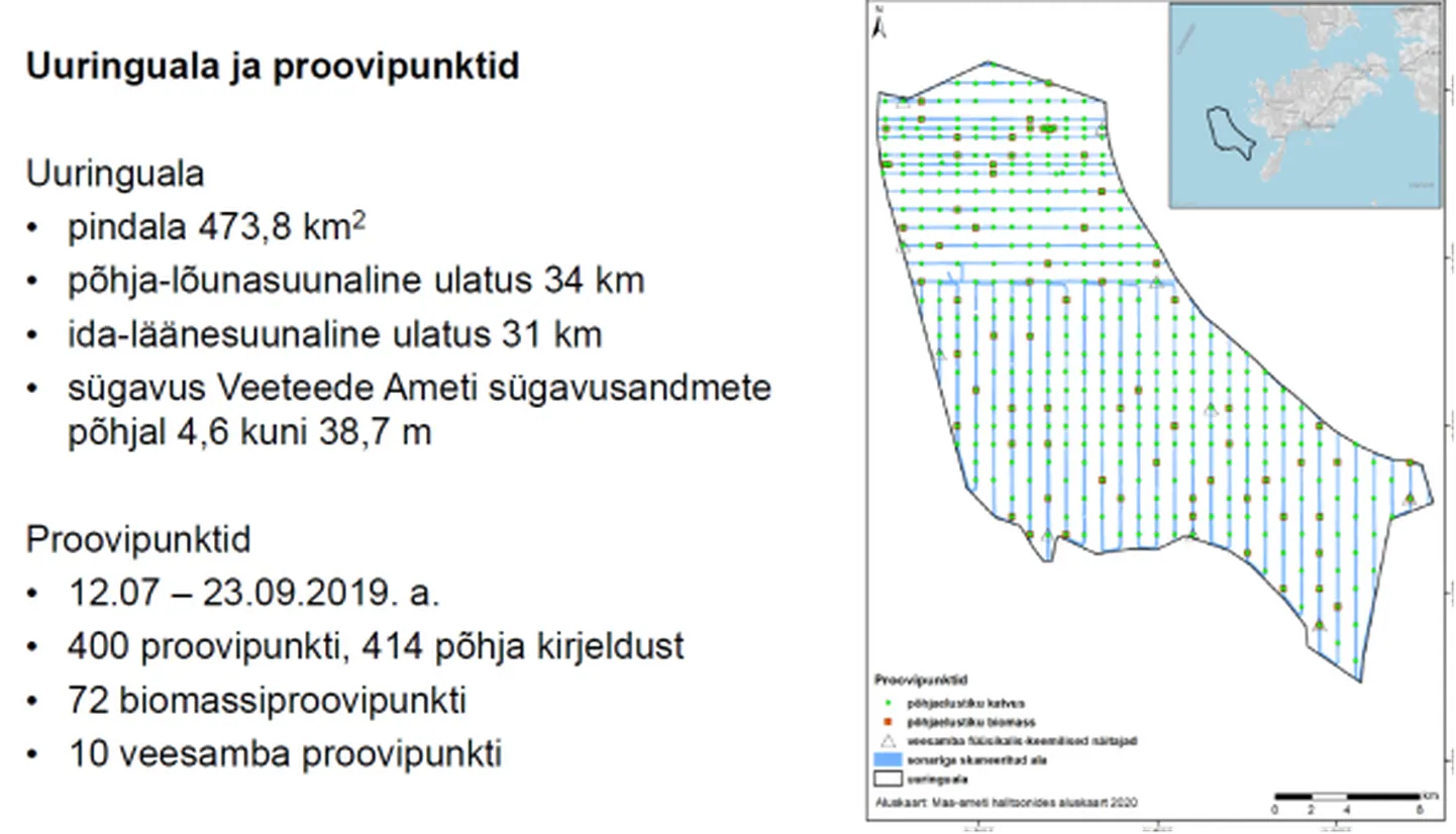 Uuringuala asukoht, uuringutransektid ja proovipunktide paiknemine.