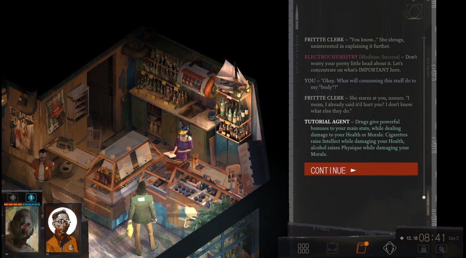 Vürtspood. Kohati mäng lausa soovitab, et tubakast, alkoholist ja uimastitest saab raskel hetkel abi. «Disco Elysium».
