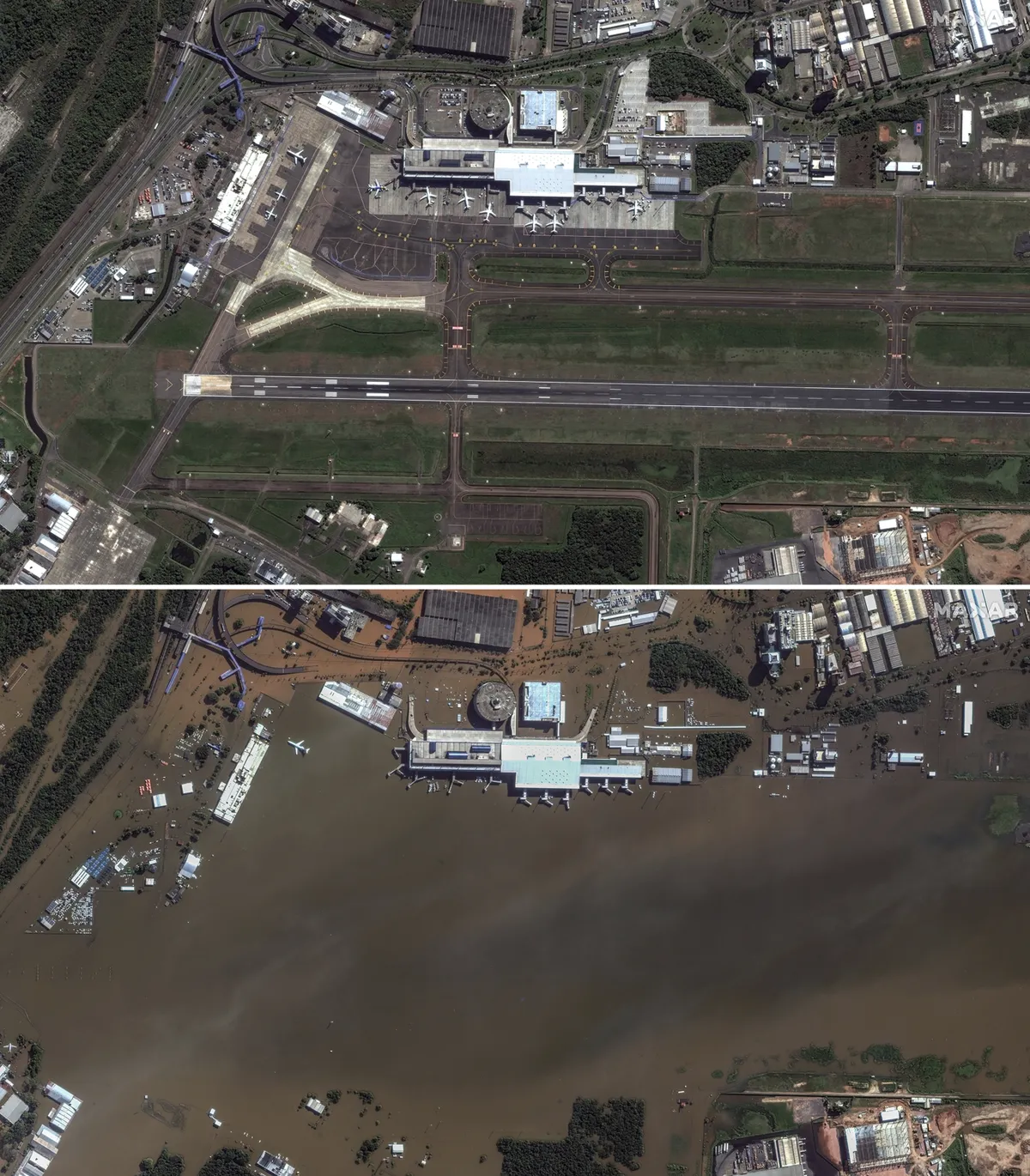 Portualegri lidosta pirms un pēc plūdiem.