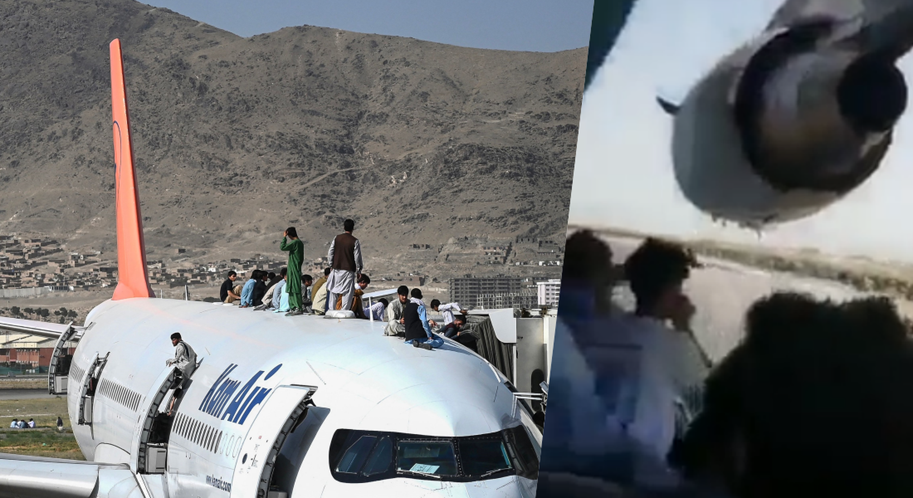Inimesed Kabuli lennujaamas seisval lennukil. Kuvatõmmis videost.