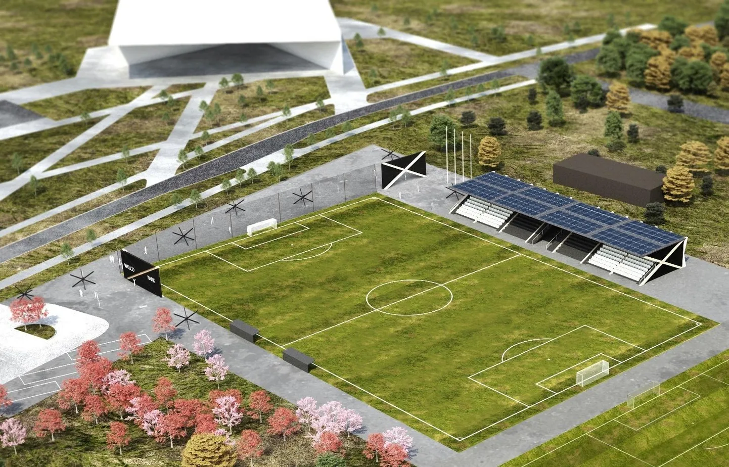 Staadionit projekteerides peeti silmas, et see ei varjaks vaadet ERMile. Sestap tuleb tribüünihoone tagurpidimajapoolsele küljele.