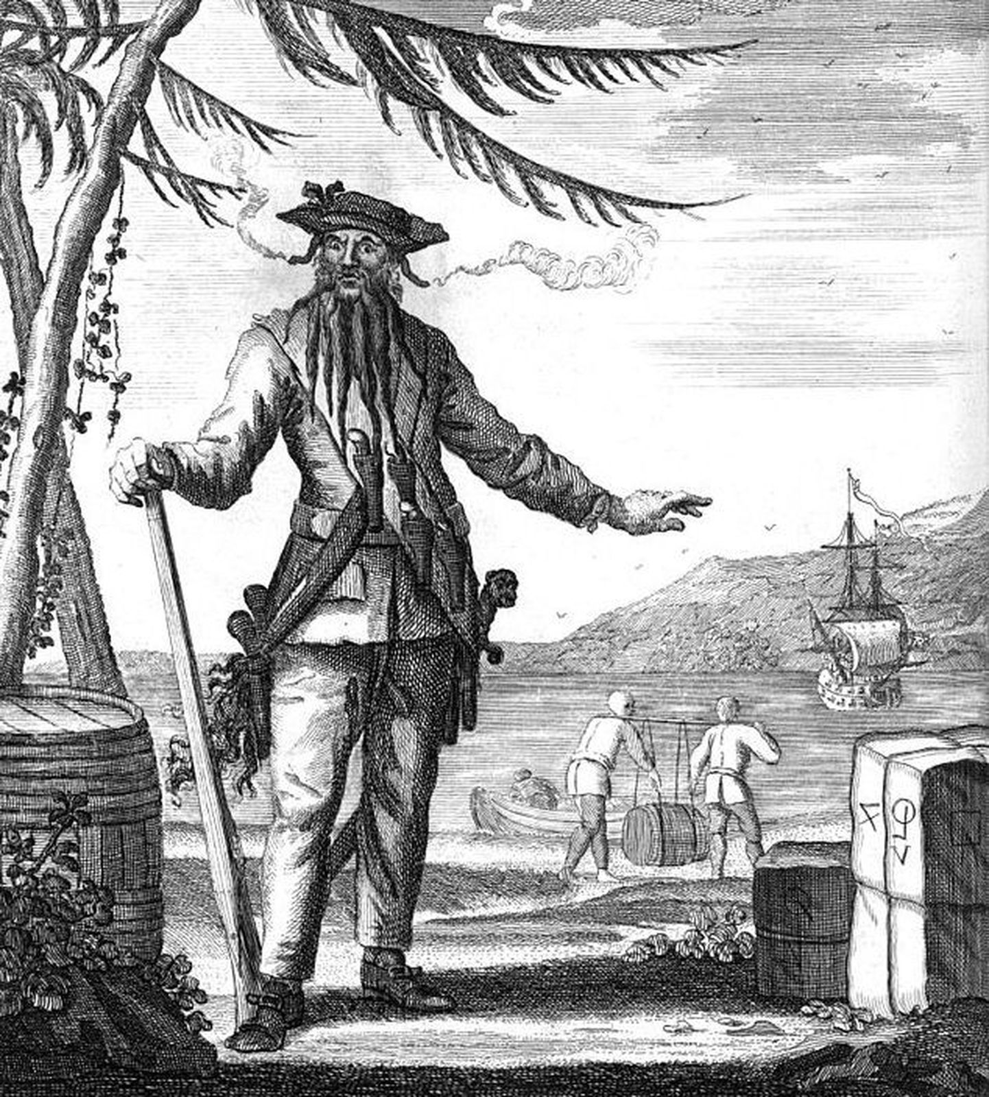 Piraat Musthabe 1736. aasta gravüüril. Taamal on näha ta lipulaeva Queen Anne`s Revenge