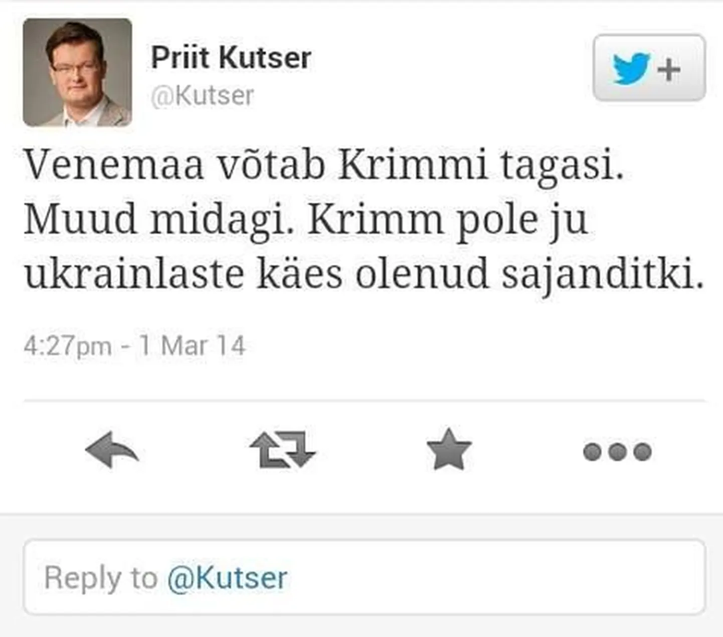 Priit Kutseri Twitteri-postitus.