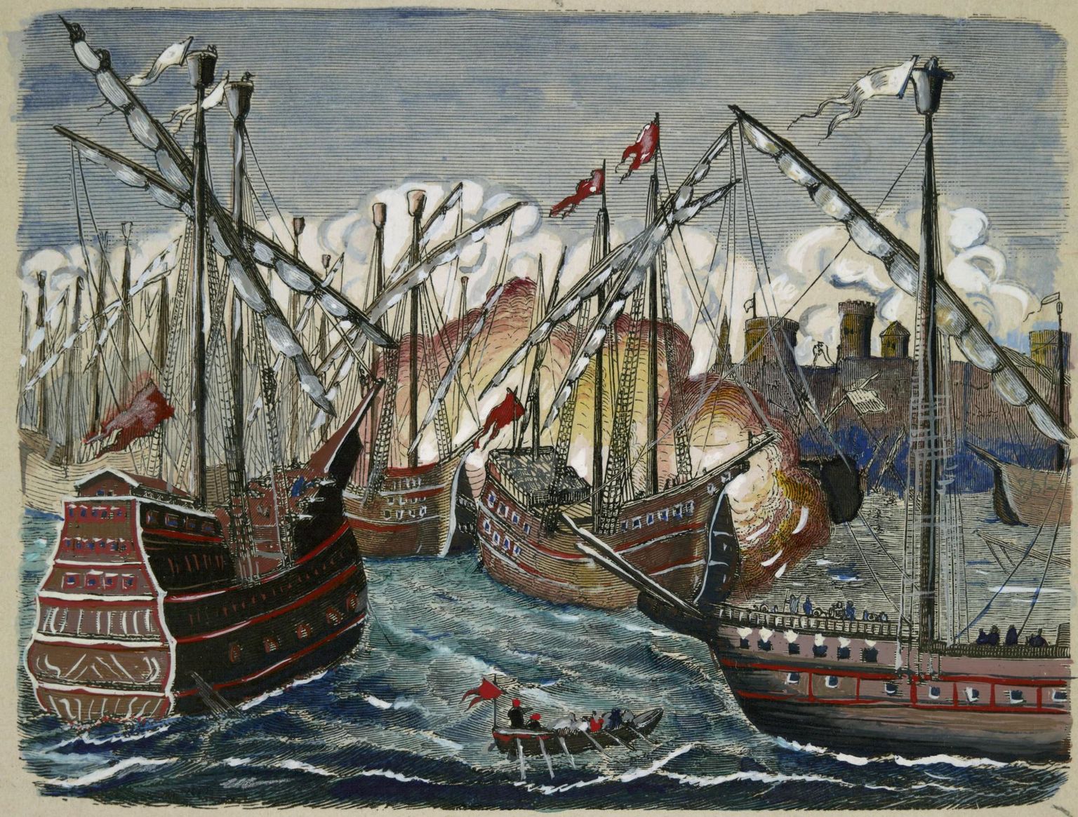 Hansalaevad Kopenhaageni lähistel, puulõige aastast 1880.
