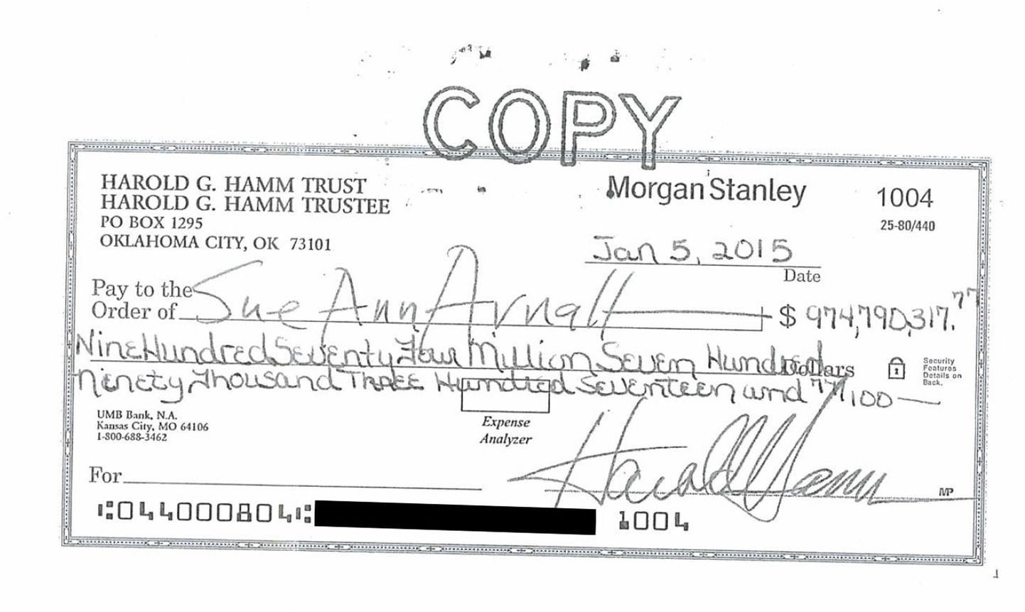 Harold Hammi käsitsi kirjutatud tšekk eksabikaasa Sue Ann Arnallile summas 974,8 miljonit dollarit