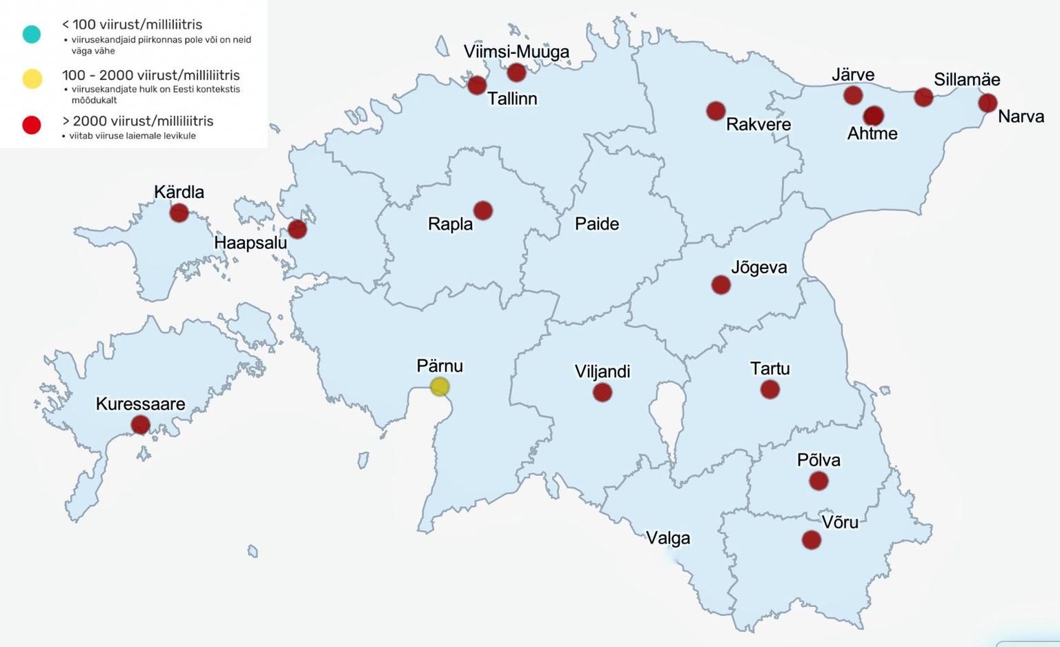 Reoveeuuring näitab, et pea kogu Eesti on kaetud kõrget viirusesisaldust näitavate punaste täppidega.