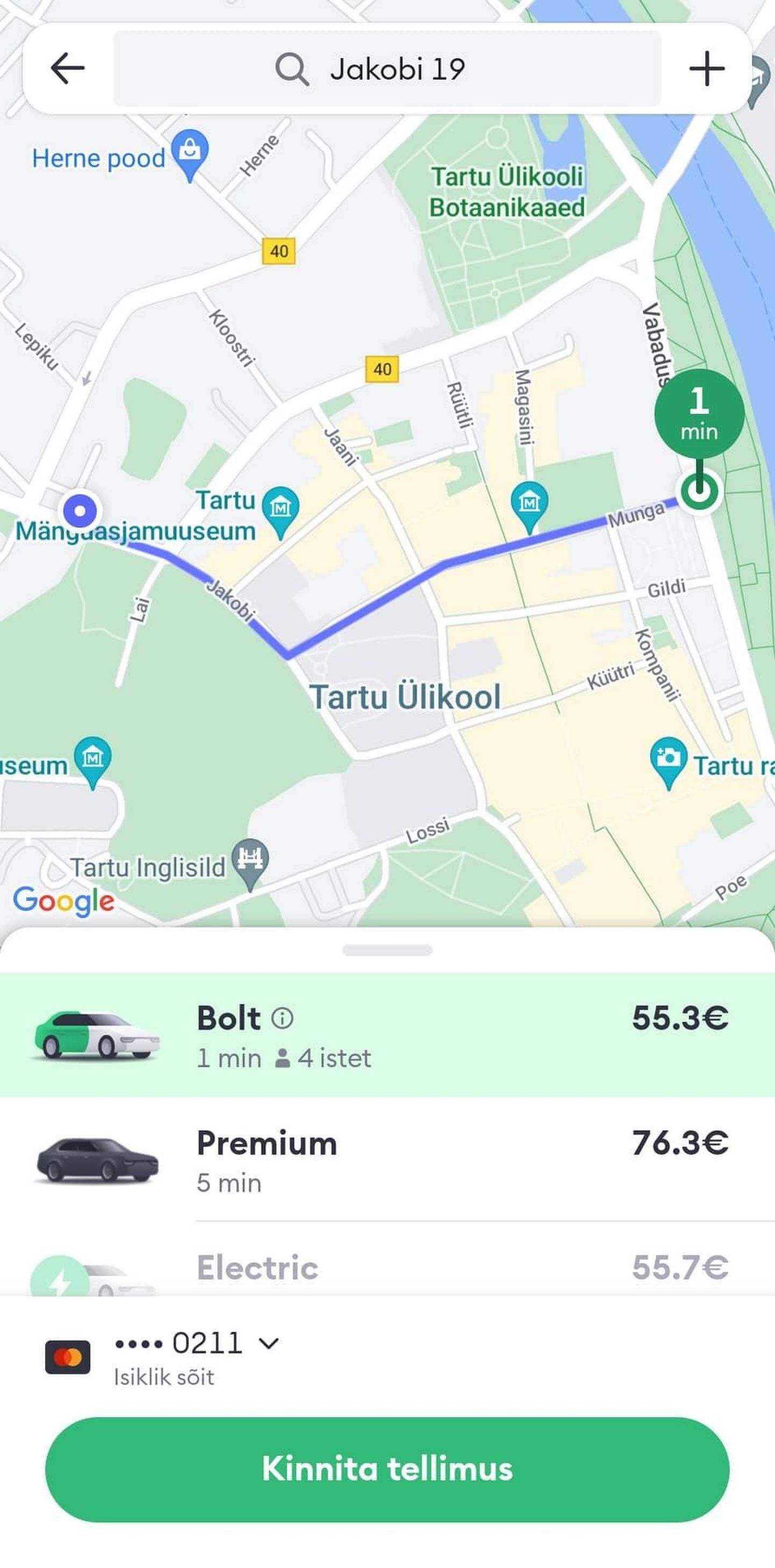 Sõit Tartus Lutsu tänavalt Vabaduse puiesteele oleks Boltiga läinud nädalal maksnud ligi 60 eurot.