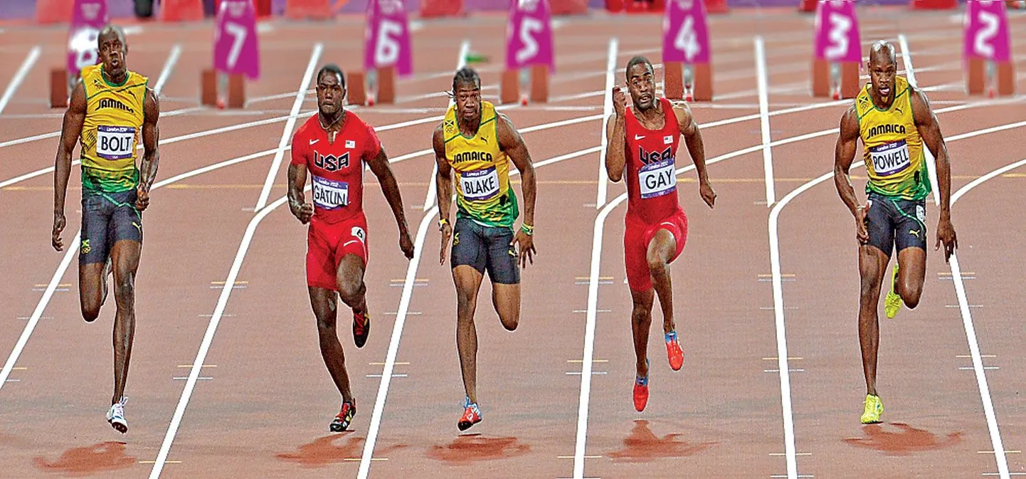 Pekingi olümpia finaal. Pildil viis meest, neist neli patust ja vaid võitja Usain Bolt dopingust puhas.