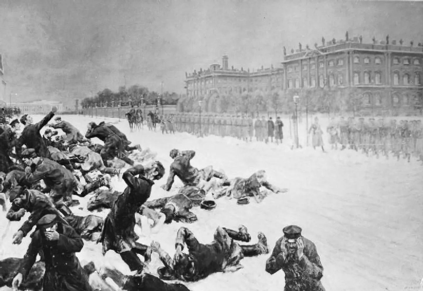 Ivan Vladimirovi (1870-1947) kunstiteos «Vene revolutsioon, 1905», millel kujutatakse Verist pühapäeva Peterburis